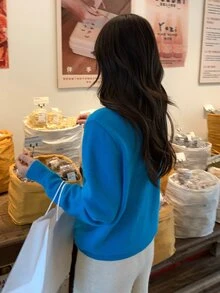 DAZY Áo len nữ cổ cao tay dài màu trơn thanh lịch, mùa Thu/Đông - Màu xanh lam - Xem 7
