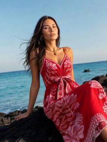 CAJUNI Women's Floral Print Casual Daily Summer Spaghetti Strap Dress - Red - View 7