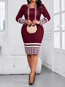 SHEIN Lady Plus Size Elegant Geometric Print Long Sleeve Autumn Dress - Burgundy - View 6