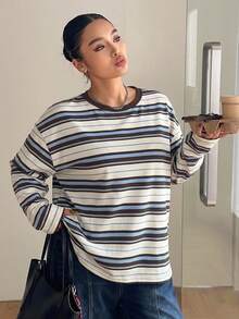 Dazy Plus 女款大尺碼圓領休閒寬鬆長袖條紋街頭風時尚T恤 - 棕色 - 查看 6