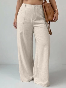 Dazy Plus High Waist Apricot Solid Color Large Pocket Loose Straight Leg Wide Leg Linen Pants - Apricot - View 4