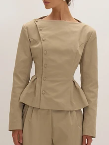 MUSEYN Stone Woven Peplum Hem Blazer Versatile Everyday Casual Chic New Season Fall - Khaki - View 3