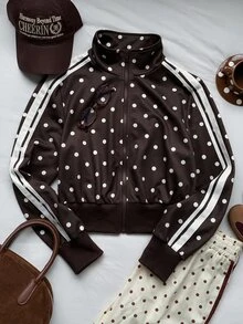 Comfortcana Women's Polka Dot Side Stripe Zipper Front Casual Sweatshirt Jacket - Brown - View 7