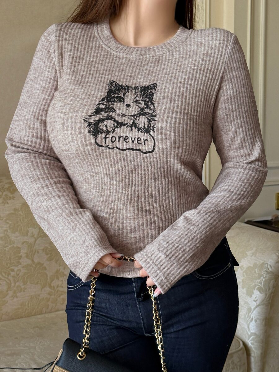 Dazy Plus Cat Print Fitted Long Sleeve Sexy Top, Spring Autumn T-Shirt - Beige - View 1