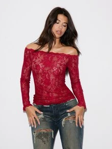 BAD SUNDAY Women's Lace Transparent Sexy Inner Top, Y2K Vintage Versatile, Autumn/Winter - Burgundy - View 3