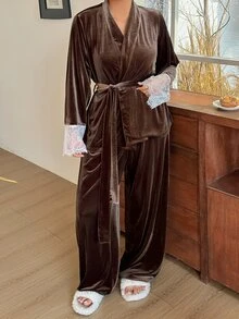 Dazy Plus Autumn Winter Elegant Velvet Long Pants 2-Piece Pajama Set - Brown - View 6