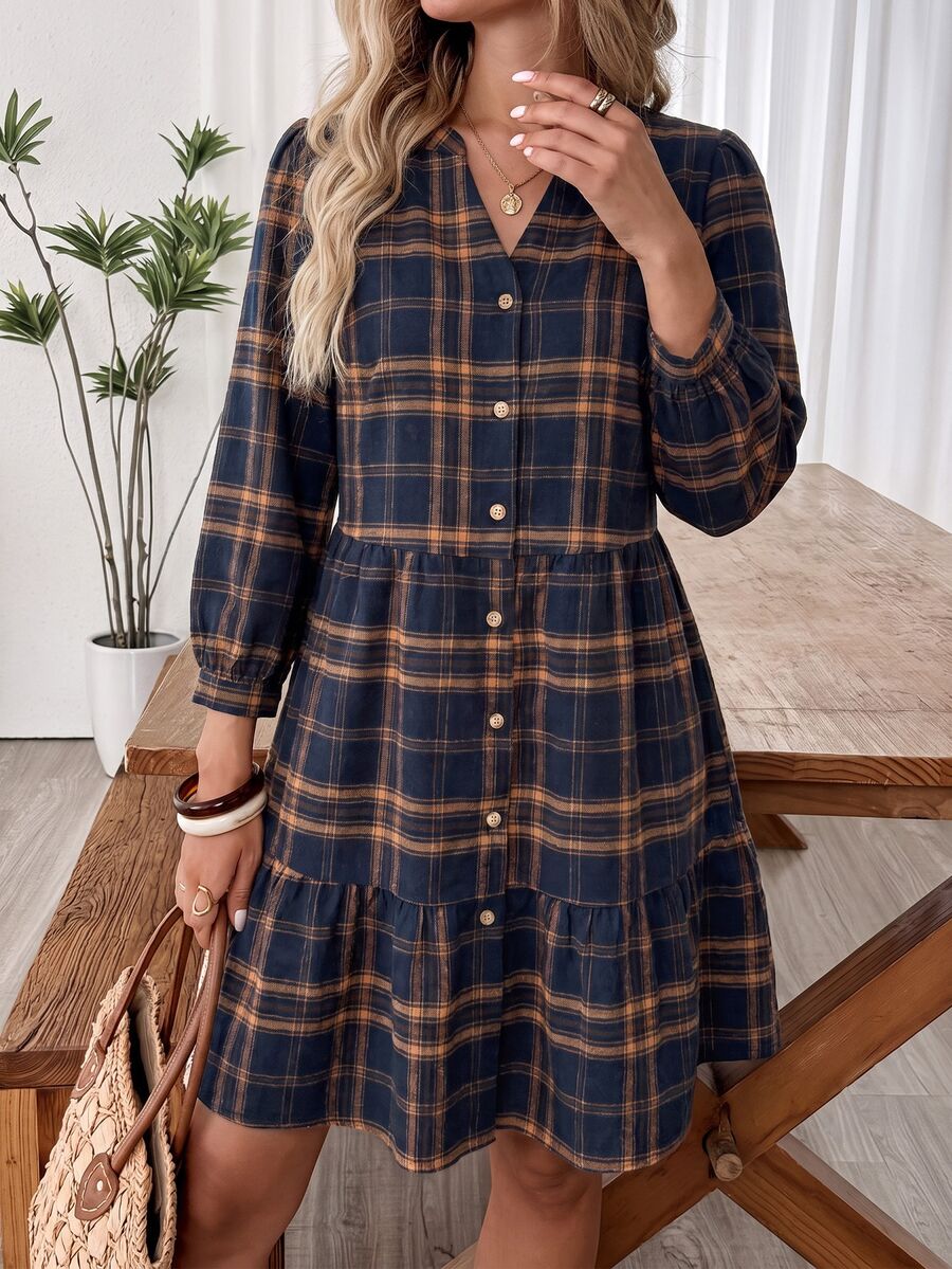 EMERY ROSE Women's Vacation Plaid Button Ruffle Hem Dress - Multicolor - View 1