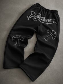 PAVTROS Men's Rhinestone Cross Pattern Pocket Wide Leg Sweatpants - Black - View 2
