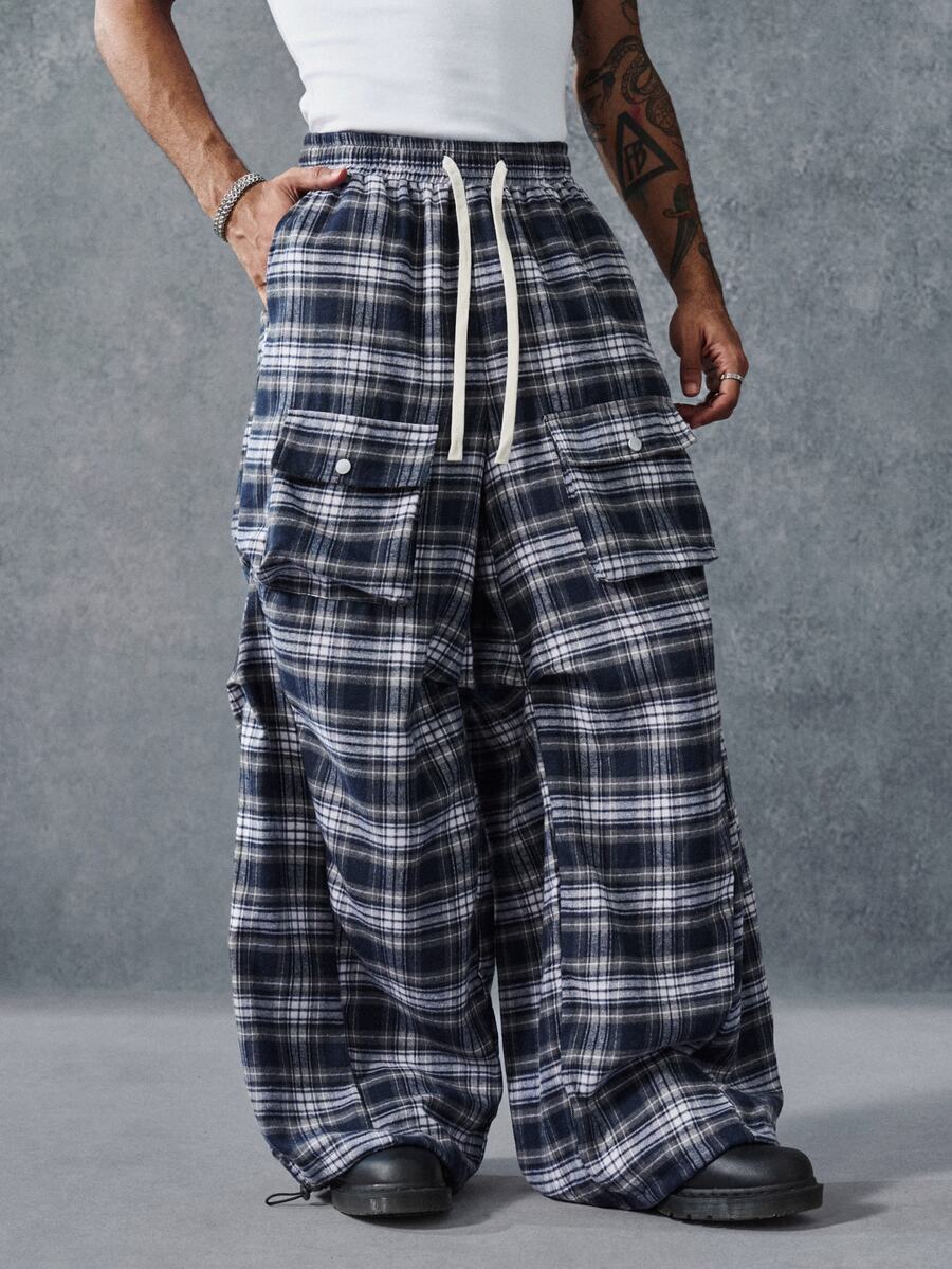 PAVTROS Men's Drawstring Waist Plaid Cargo Pocket Wide Leg Loose Fit Long Pants - Blue and White - View 1