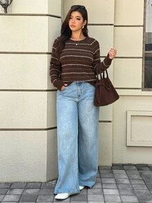 Easura Plus Size Casual Crew Neck Loose Fit Women's Pullover Sweater - Brown - View 5