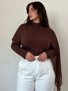 Elegantrix Women's Plus Size Autumn Single Piece High Neck Patchwork Chiffon Shawl Knit Top, Slim Fit Elegant Mature Style Daily Commute Long Sleeve Base Layer - Brown - View 5