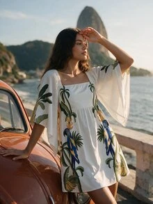 CAJUNI Short-Sleeve Dress With Tropical Macaw And Toucan Print - Multicolor - View 8