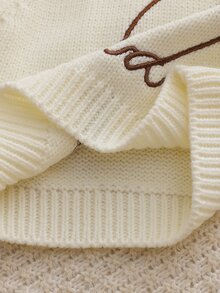 SHEIN 新生兒嬰兒針織套頭圓領長袖毛衣連身衣，舒適秋冬款，精緻刺繡重工 + 針織連腳褲襪，百搭 2 件套，休閒時尚，適合日常穿著、外出、旅行、上學 - 米色 - 查看 5