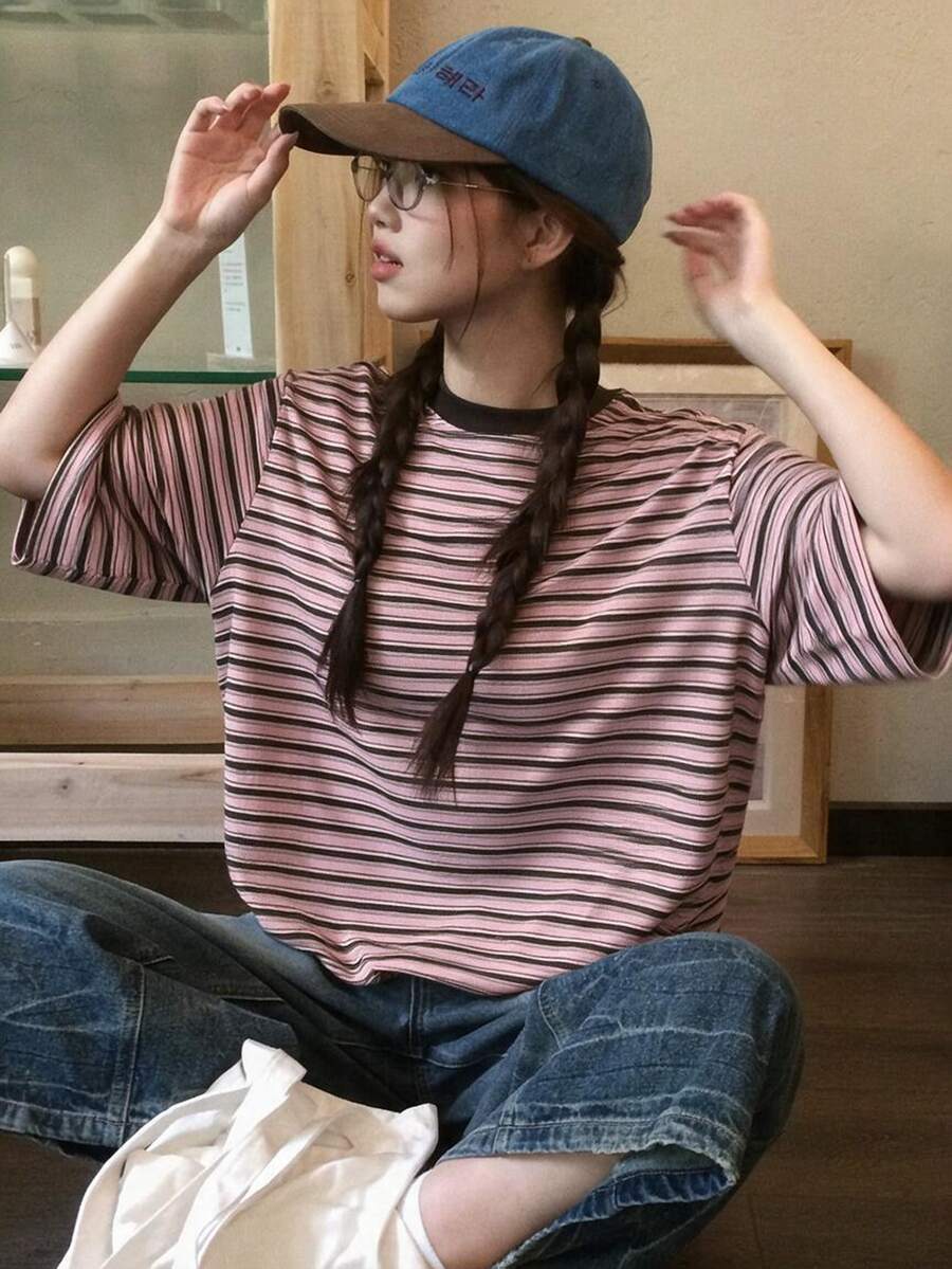 DAZY Contrast Color Striped Top Casual Daily Korean Style Spring Autumn Women's T-Shirt - Pink - View 1