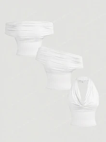 SHEIN MOD 女款三種穿法休閒純色修身上衣，夏季適用，垂領上衣、露肩上衣，美學風格，適合音樂節、鄉村風穿搭、海灘度假、茶會、端莊風格、舞會上衣，可愛上衣 - 酒紅色 - 查看 10