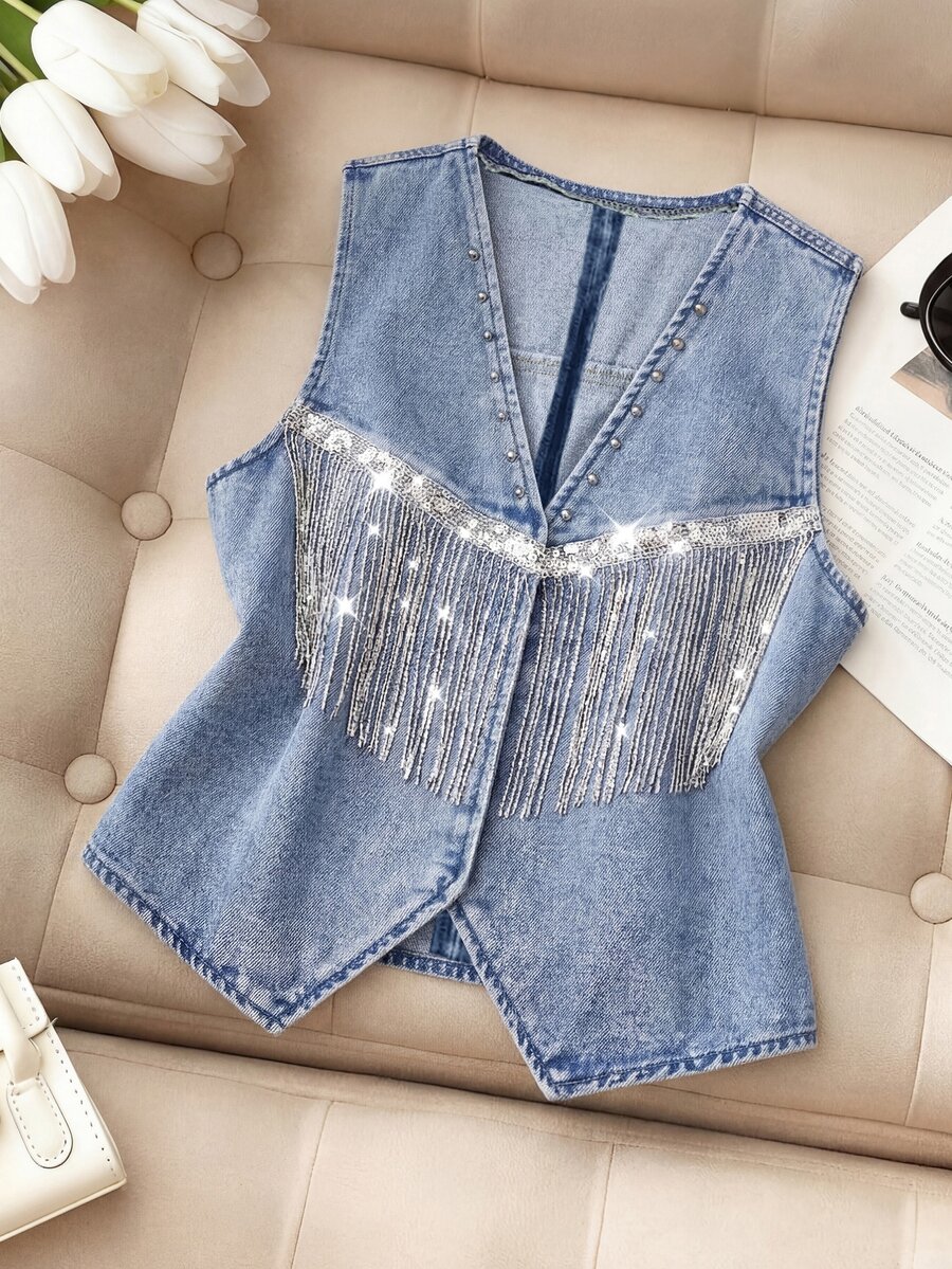 SHEIN MOD Atasan Denim Kasual Serbaguna Wanita Ukuran Plus dengan Desain Rumbai dan Leher V - Light Wash - View 1