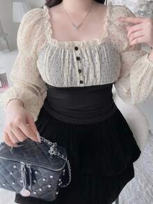 Dazy Plus Colorblock Patchwork Chiffon Polka Dot Sexy Korean Style Long Sleeve Design T-Shirt - Black - View 1