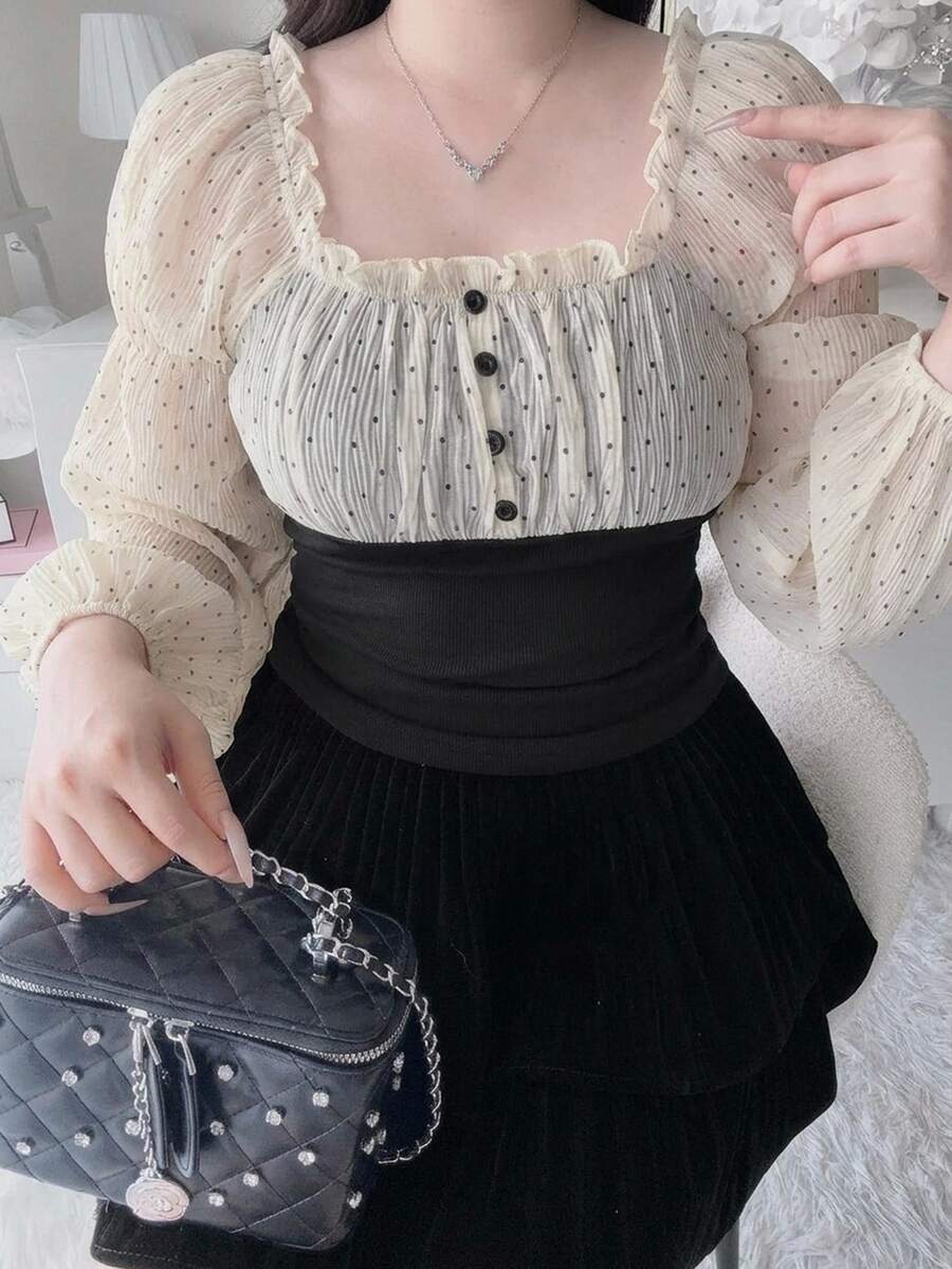 Dazy Plus Colorblock Patchwork Chiffon Polka Dot Sexy Korean Style Long Sleeve Design T-Shirt - Black - View 1