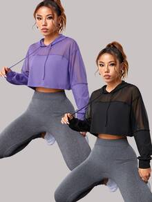 SHEIN Velisys 女款純色拼接網布連帽運動運動衫 - 彩色 - 查看 2