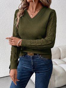 SHEIN Clasi 女款V領長袖針織衫，鐵鏽棕秋季休閒通勤上衣，優雅大方秋冬穿搭，節慶度假鄉村風襯衫 - 軍綠色 - 查看 6