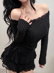 FRIFUL Women's Contrast Lace Polka Dot Print Off-Shoulder Long Sleeve T-Shirt - Black - View 4