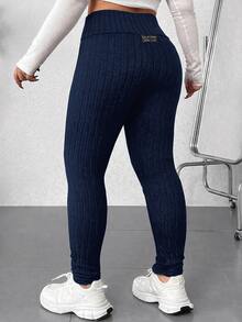 SHEIN EZwear 大尺碼休閒百搭高腰黑色緊身褲，夏季穿搭，女性沙灘穿搭，夏季度假穿搭，度假穿搭 - 藏蓝色 - 查看 2