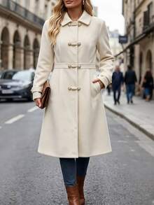 EMERY ROSE Plus Size Women's Elegant New Chinese-Style Button Wool Knee-Length Apricot Coat, Suitable For Evening Events And Autumn-Winter Wear. - Apricot - View 1