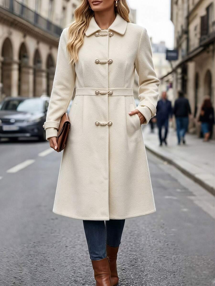 EMERY ROSE Plus Size Women's Elegant New Chinese-Style Button Wool Knee-Length Apricot Coat, Suitable For Evening Events And Autumn-Winter Wear. - Apricot - View 1