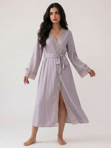 DAZY Women's Soft Lace Patchwork Comfortable Sleepwear Robe For Home Leisure - Purple - View 7