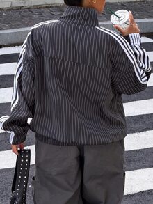 Muchica 女款黑白條紋長袖鈕扣設計休閒街頭風運動休閒外套，標準版型，適合度假、夜晚、秋季 - 灰色 - 查看 2