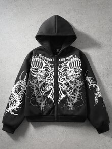 ROMWE MEN Street Life Men's Letter Print Zip-Up Casual Daily Hoodie - Black - View 3