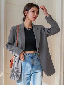 DAZY 女款純色長袖商務休閒西裝外套 - 灰色 - 查看 1