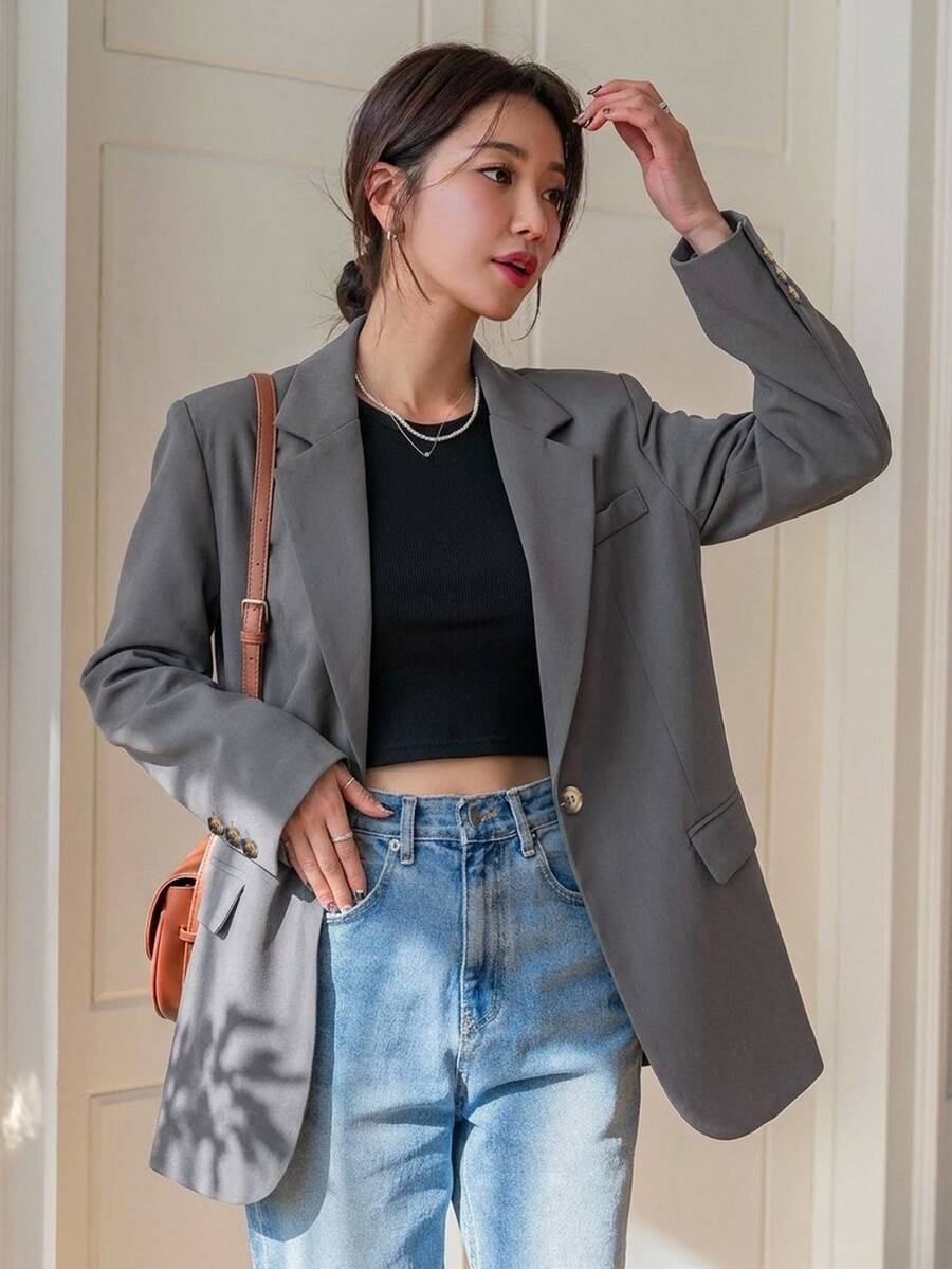 DAZY 女款純色長袖商務休閒西裝外套 - 灰色 - 查看 1