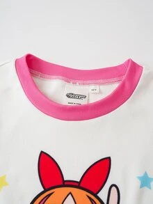 THE POWERPUFF GIRLS X SHEIN Tween Girl Cartoon Pattern Short Sleeve Top And Long Pants Casual Daily Home Sleepwear Set - Pink - View 3