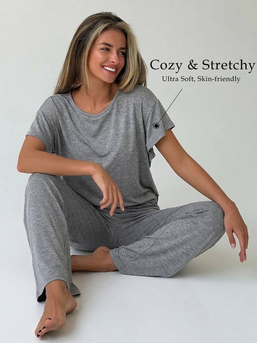 DAZY 2pcs/Set Women's Minimalist Solid Color Knit Short Sleeve T-Shirt & Straight Leg Long Pajama Pants Loungewear Set - Grey - View 1