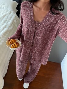DAZY Women's Tie-Dye Long Sleeve Robe, Round Neck Tank Top And Pants Casual Pajama Set - Burgundy - View 12