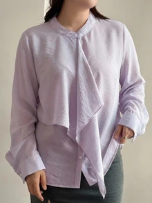 Dazy Plus Solid Color Loose Fit Asymmetrical Collar Long Sleeve Elegant Formal Vacation Spring Autumn Blouse Shirt - Dusty Purple - View 6