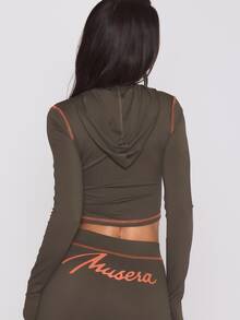 MUSERA Graphic Logo Front Zip Through Fitted Contrast Seam Hooded Top Autumn Winter Fall Coolgirl Holiday Everyday Roadside Renegade - Green - View 4