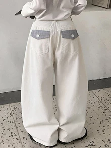Dazy Plus Plaid Back Pocket Decor Loose Casual Solid Color Girly Versatile All-Season Long Pants - Apricot - View 1