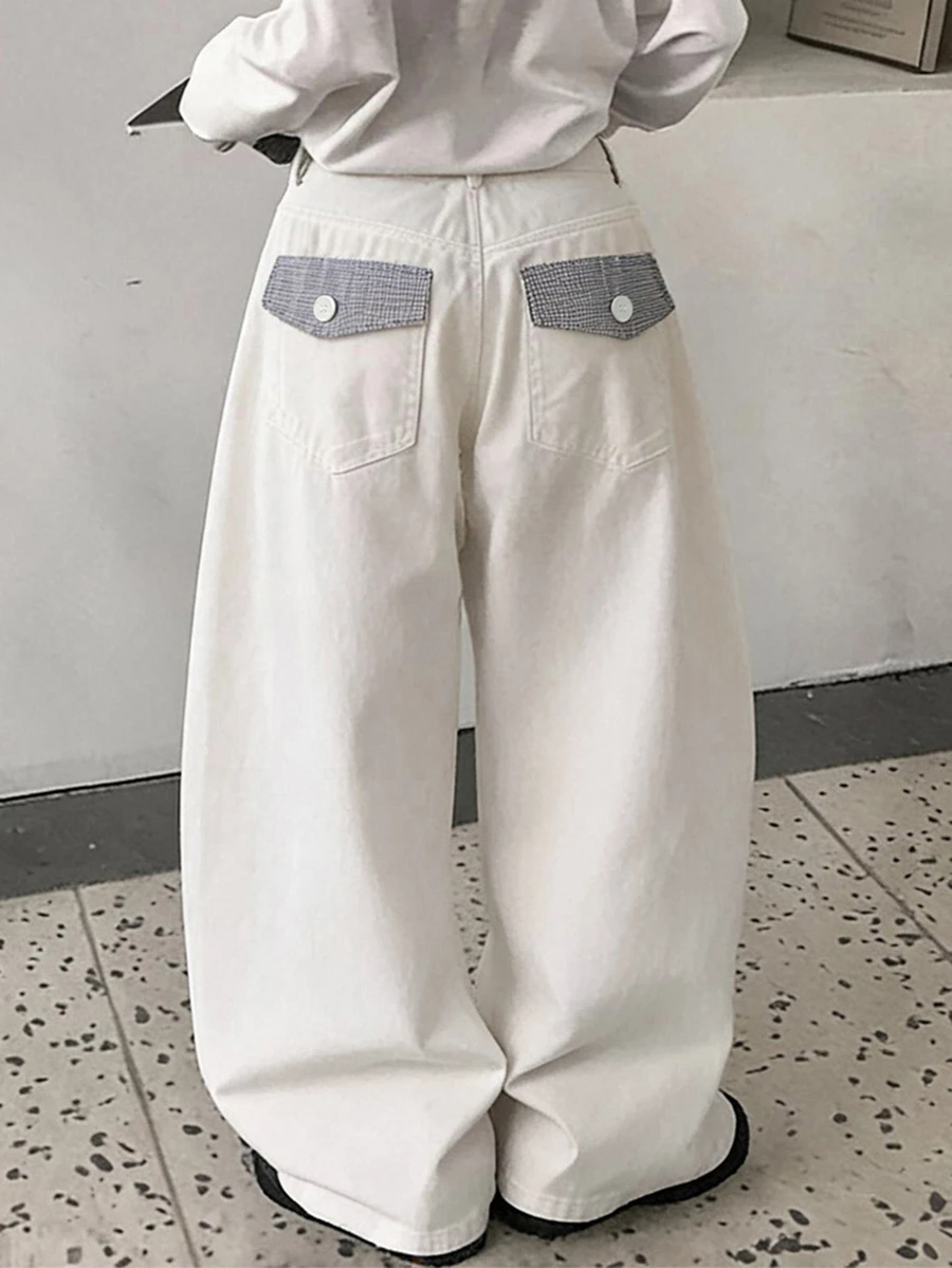 Dazy Plus Plaid Back Pocket Decor Loose Casual Solid Color Girly Versatile All-Season Long Pants - Apricot - View 1