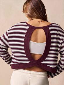 VARSIVA Women's Striped Back Cutout Long Sleeve Sports T-Shirt - Multicolor - View 3