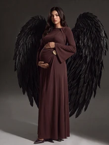 Cheriluna Maternity Elegant Solid Color Thermal Lined Maternity Dress - Coffee Brown - View 7