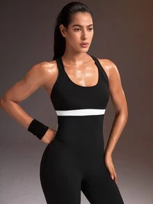 Powerista بدلة نسائية كاجوال يومية للسفر والرياضة بتصميم كتل لونية - أبيض وأسود - مشاهدة 5