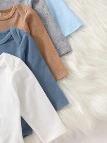 SHEIN 5件組新生兒休閒可愛簡約純色棉質長袖三角連身衣，適合日常穿著、外出與拍照，適用0-9個月嬰兒 - 彩色 - 查看 4