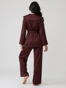 DAZY Women's Solid Color Long Sleeve Waist Knot Top And Long Pants Pajama Set - Brown - View 2
