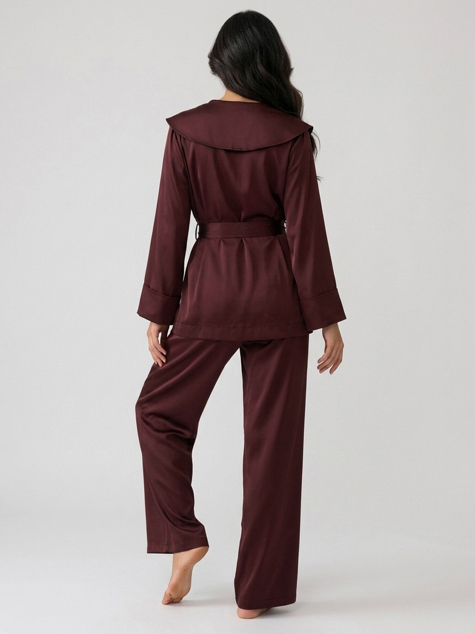 Women's Solid Color Long Sleeve Waist Knot Top And Long Pants Pajama Set