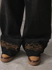 ROMWE MEN Street Life Vintage Retro Washed Denim Fashion Cat Whisker Heavy Embroidery Versatile Jeans - Black - View 2