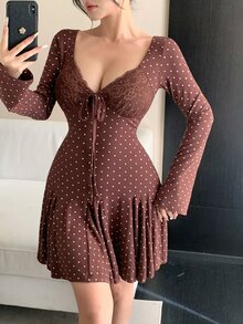 Dazy Tall Women's Deep V-Neck Polka Dot Sexy Casual Short Dress Fall - Brown - View 7