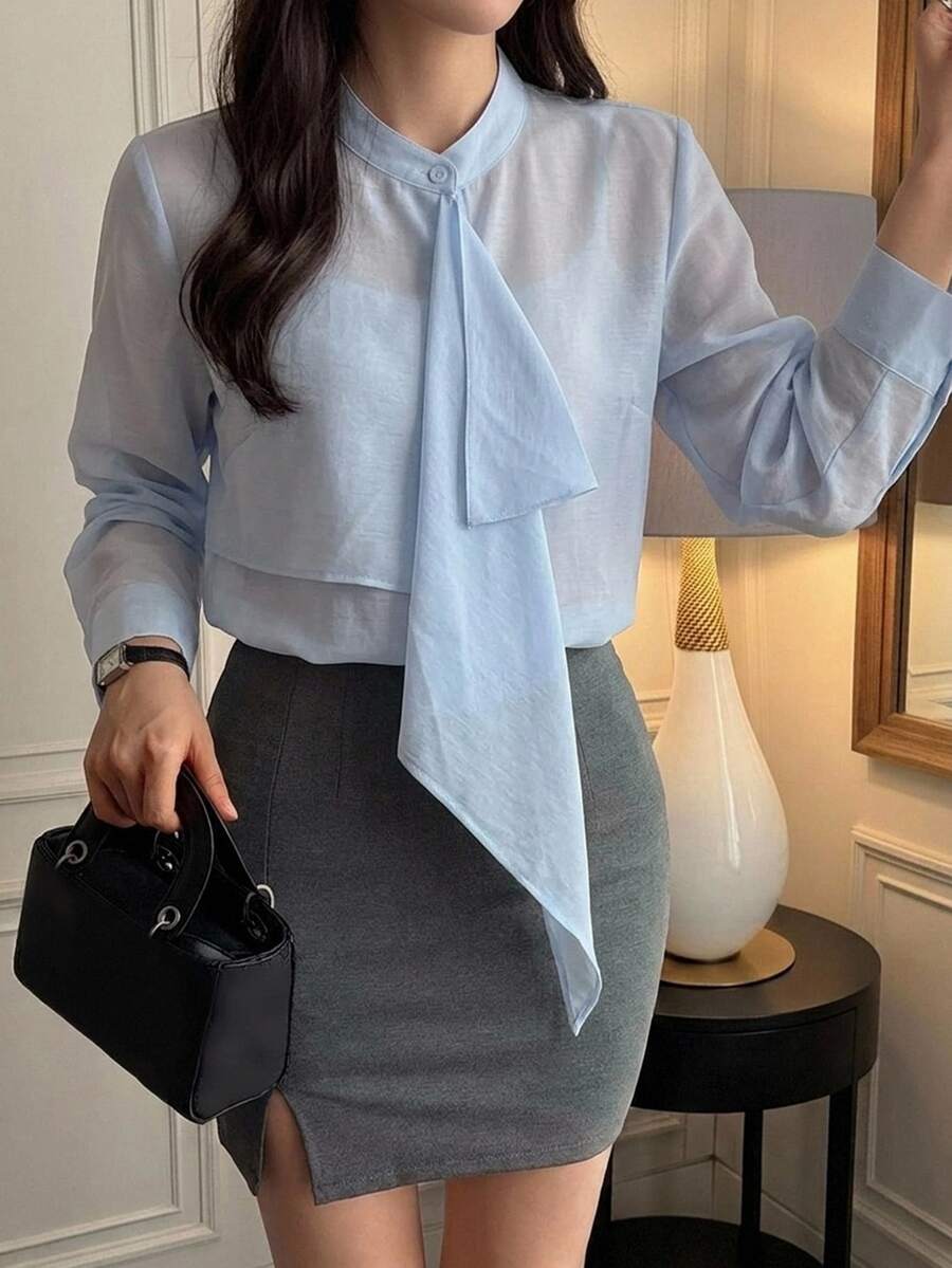 DAZY Solid Color Loose Fit Elegant Formal Vacation Korean Style Spring Autumn Long Sleeve Blouse For Women - Blue - View 1