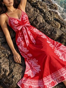 CAJUNI Women's Floral Print Casual Daily Summer Spaghetti Strap Dress - Red - View 3